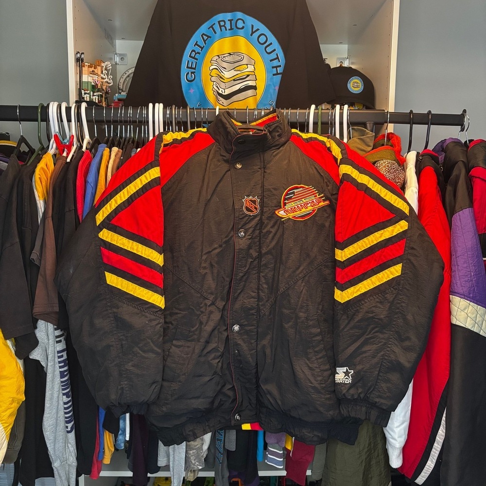 Vintage Vancouver Canucks Starter NHL Jacket Flying Skate Black Red Yellow